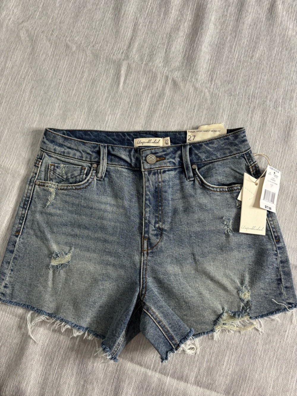 Unpublished High-Rise Distressed Denim Shorts in Medium Blue